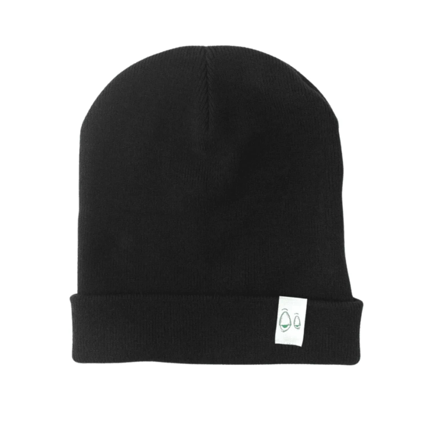 PURIZE Beanie Mütze in Schwarz, Strickmütze mit Umschlag und weißem Logo-Label mit grünem Doodle-Motiv
